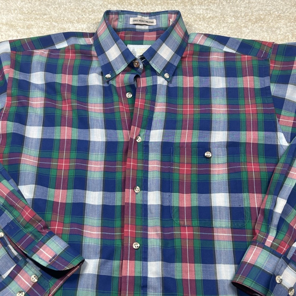 London Fog Mens Plaid Button-front Shirt M Navy Blue Green Long Sleeve